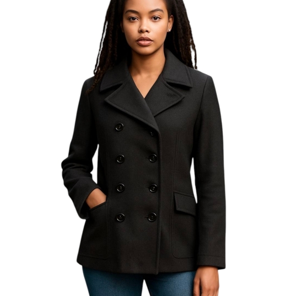 Braetan navy short double breasted Classic Tailored Belted pea coat sz L - Picture 1 of 10